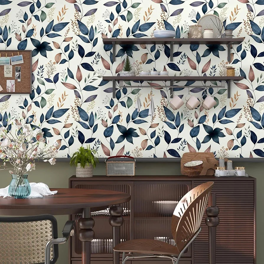 Navy Leaf Peel and Stick Wallpaper Floral Wallpaper 17.4" x 118" Dark Blue Leaf Contact Paper Navy Vinyl Wrap Easily Peel Off Self-Adhesive Wall Paper for Bedroom Kitchen Cabinet Bathroom