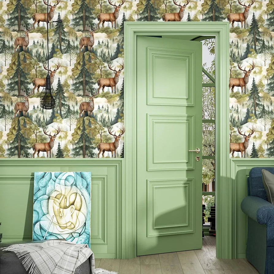 Green Forest Wallpaper Peel and Stick, Brown Deer Elk Contact Paper, Waterproof Self-Adhesive Animals Wall Paper for Bedroom Countertop Desk Cabinets Decor 17.4" x 118" Renter Friendly