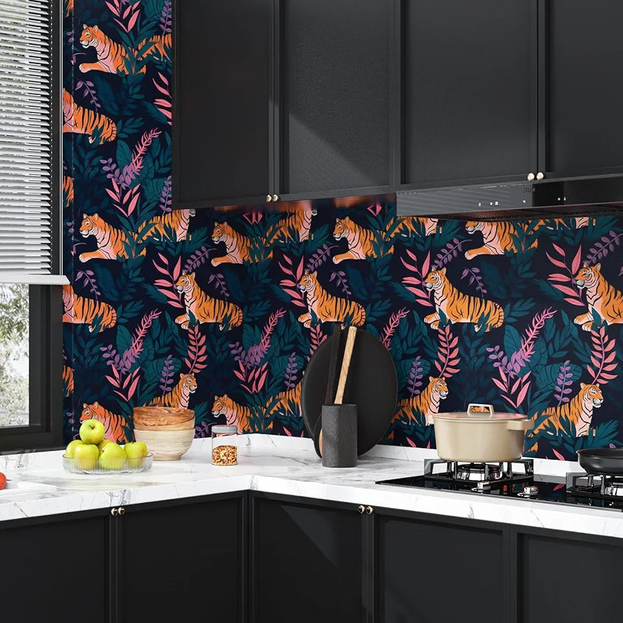 Tiger Wallpaper Peel and Stick Vintage Blue Tiger Floral Contact Paper Retro Flower Wall Wallpaper Waterproof Self-Adhesive Wall Covering for Bedroom Countertop Desk Cabinet 17.4" x 118"