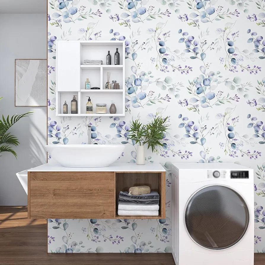 Purple Leaf Wallpaper Peel and Stick Vintage Greenery Leaf Contact Paper White Floral Wallpaper Waterproof Self-Adhesive Wall Covering for Bedroom Countertop Desk Cabinets 17.4" x 118"