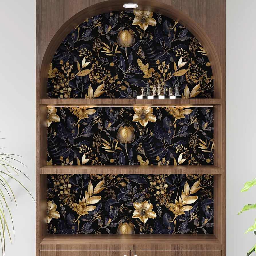 Gold Floral Wallpaper Peel and Stick Black Floral Contact Paper Purple Gold Leaf Boho Wallpaper Waterproof Self-Adhesive Wall Covering for Bedroom Countertop Desk Cabinets Decor 17.4" x 118"