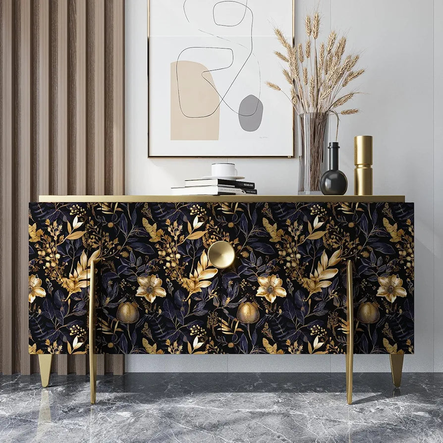 Gold Floral Wallpaper Peel and Stick Black Floral Contact Paper Purple Gold Leaf Boho Wallpaper Waterproof Self-Adhesive Wall Covering for Bedroom Countertop Desk Cabinets Decor 17.4" x 118"