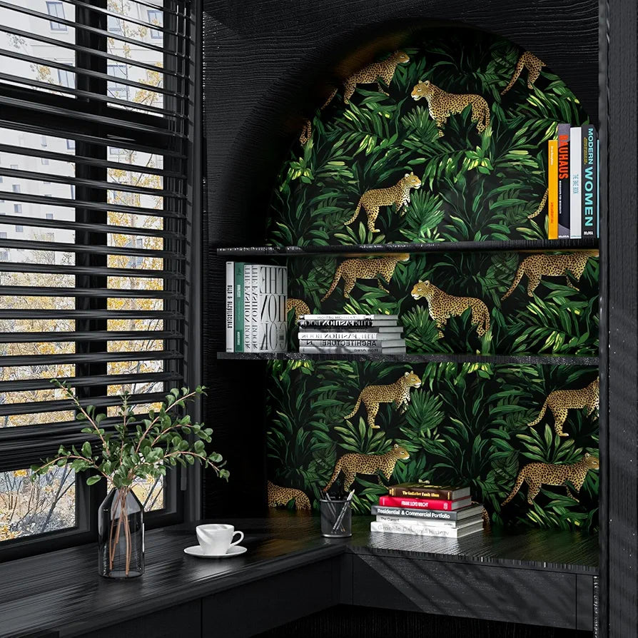 Leopard Wallpaper Peel and Stick Dark Green/Brown Jungle Forest Animals Contact Paper,Tropical Wall Paper Waterproof Self-Adhesive for Bedroom Countertop Desk Cabinets Drawer Decor 17.4" x 118"