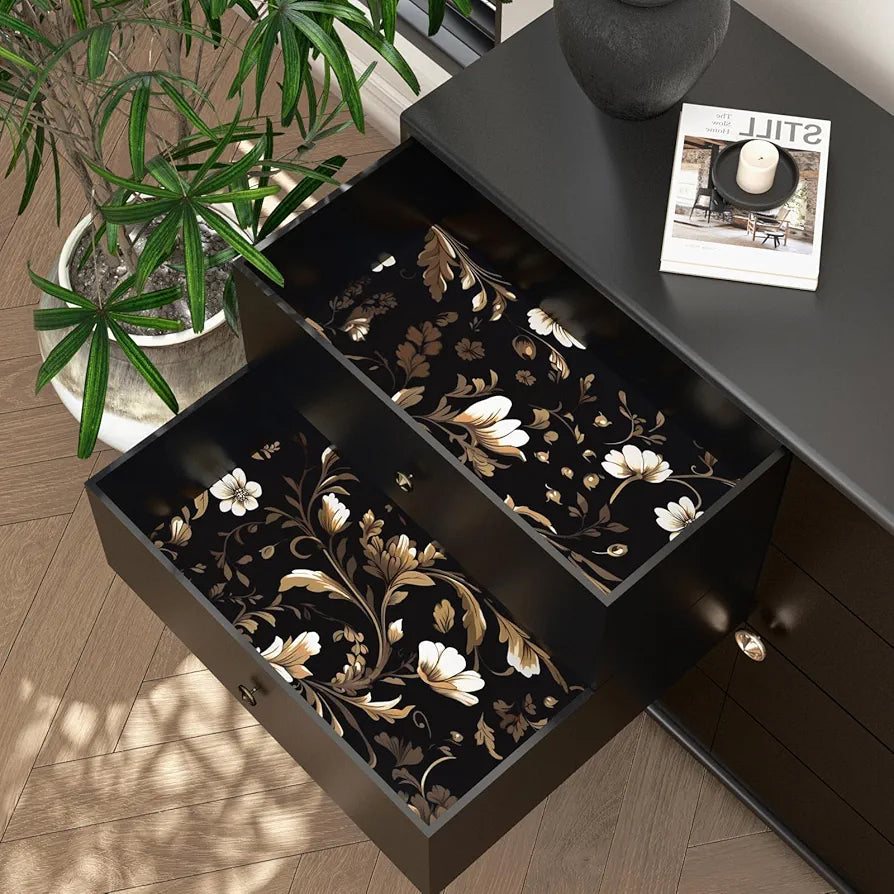 Vintage Wallpaper Peel and Stick Black Floral Wallpaper Black White Wall Paper Gold Leaf Contact Paper Waterproof Self-Adhesive Wall Covering for Bathroom Countertop Desk Cabinet 17.4" x 118"
