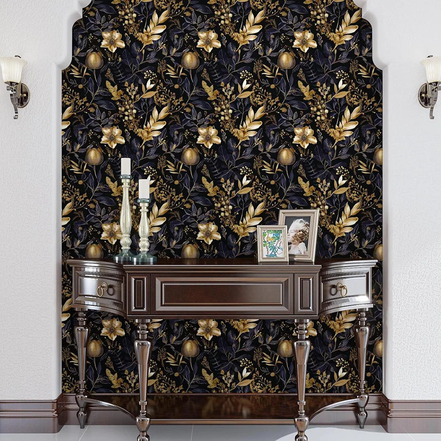 Gold Floral Wallpaper Peel and Stick Black Floral Contact Paper Purple Gold Leaf Boho Wallpaper Waterproof Self-Adhesive Wall Covering for Bedroom Countertop Desk Cabinets Decor 17.4" x 118"
