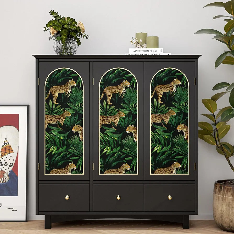 Leopard Wallpaper Peel and Stick Dark Green/Brown Jungle Forest Animals Contact Paper,Tropical Wall Paper Waterproof Self-Adhesive for Bedroom Countertop Desk Cabinets Drawer Decor 17.4" x 118"