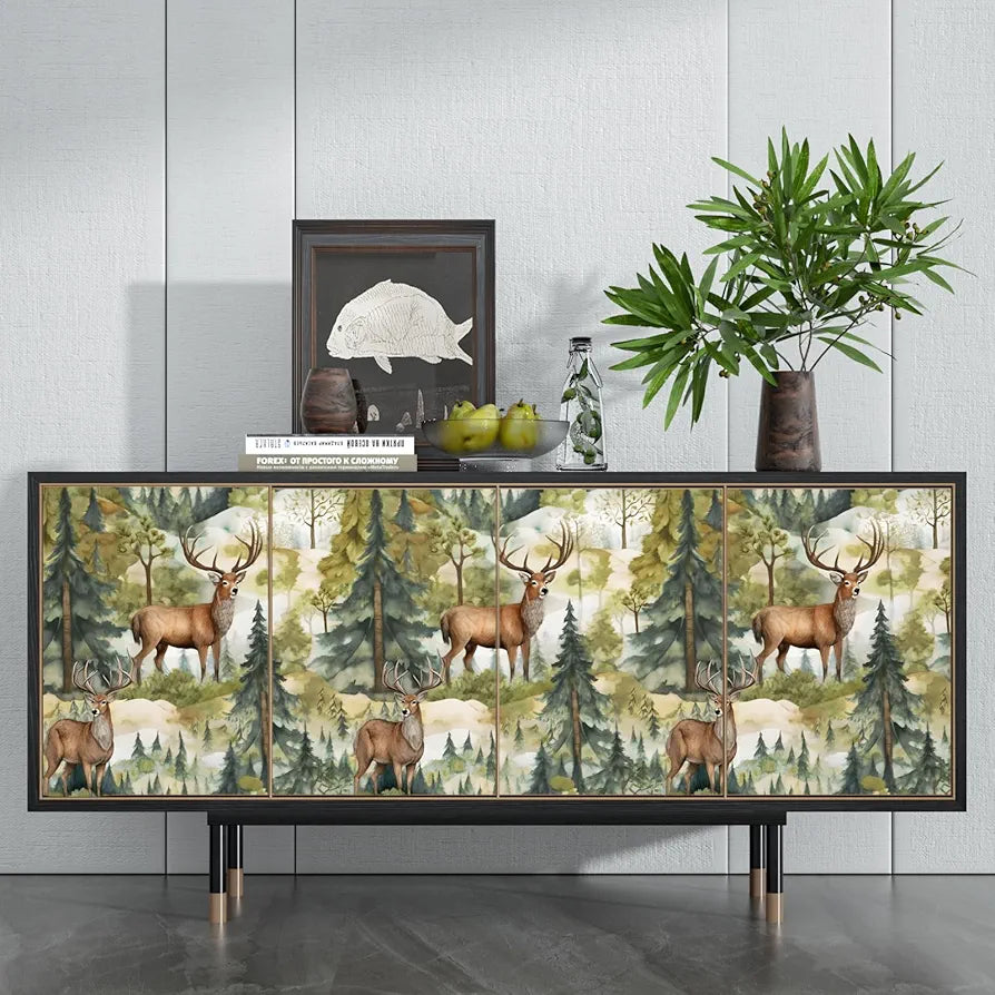 Green Forest Wallpaper Peel and Stick, Brown Deer Elk Contact Paper, Waterproof Self-Adhesive Animals Wall Paper for Bedroom Countertop Desk Cabinets Decor 17.4" x 118" Renter Friendly