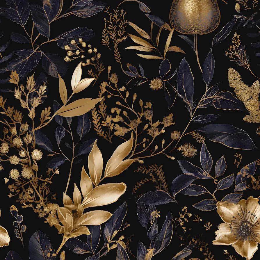 Gold Floral Wallpaper Peel and Stick Black Floral Contact Paper Purple Gold Leaf Boho Wallpaper Waterproof Self-Adhesive Wall Covering for Bedroom Countertop Desk Cabinets Decor 17.4" x 118"