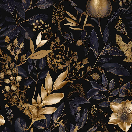 Gold Floral Wallpaper Peel and Stick Black Floral Contact Paper Purple Gold Leaf Boho Wallpaper Waterproof Self-Adhesive Wall Covering for Bedroom Countertop Desk Cabinets Decor 17.4" x 118"