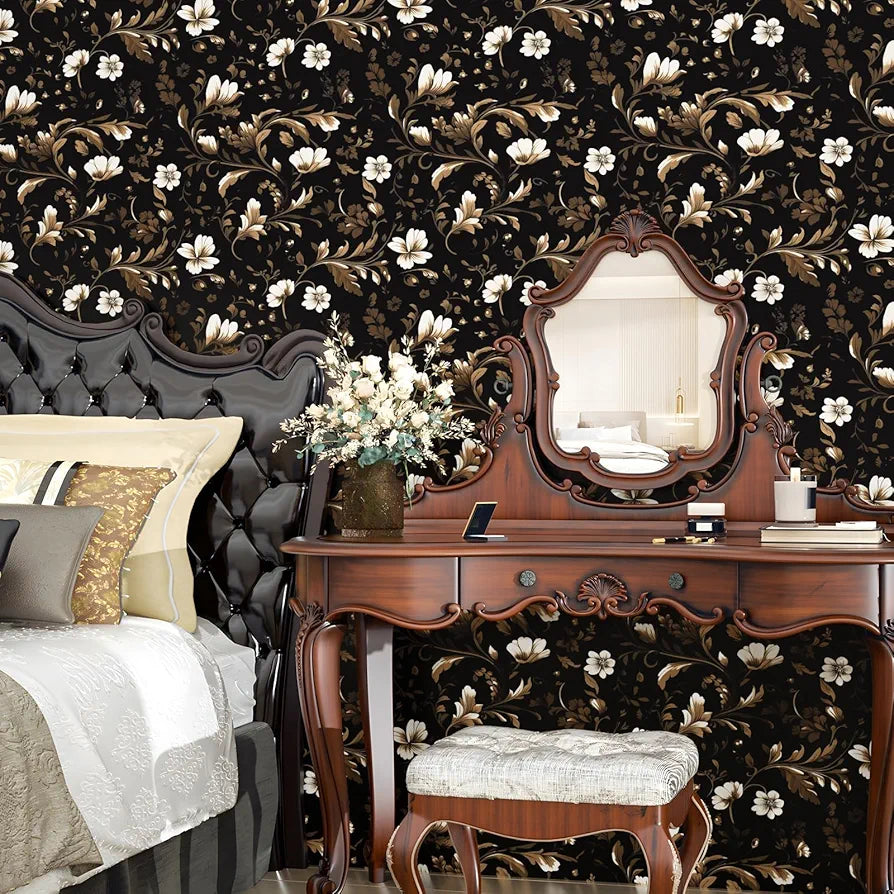 Vintage Wallpaper Peel and Stick Black Floral Wallpaper Black White Wall Paper Gold Leaf Contact Paper Waterproof Self-Adhesive Wall Covering for Bathroom Countertop Desk Cabinet 17.4" x 118"