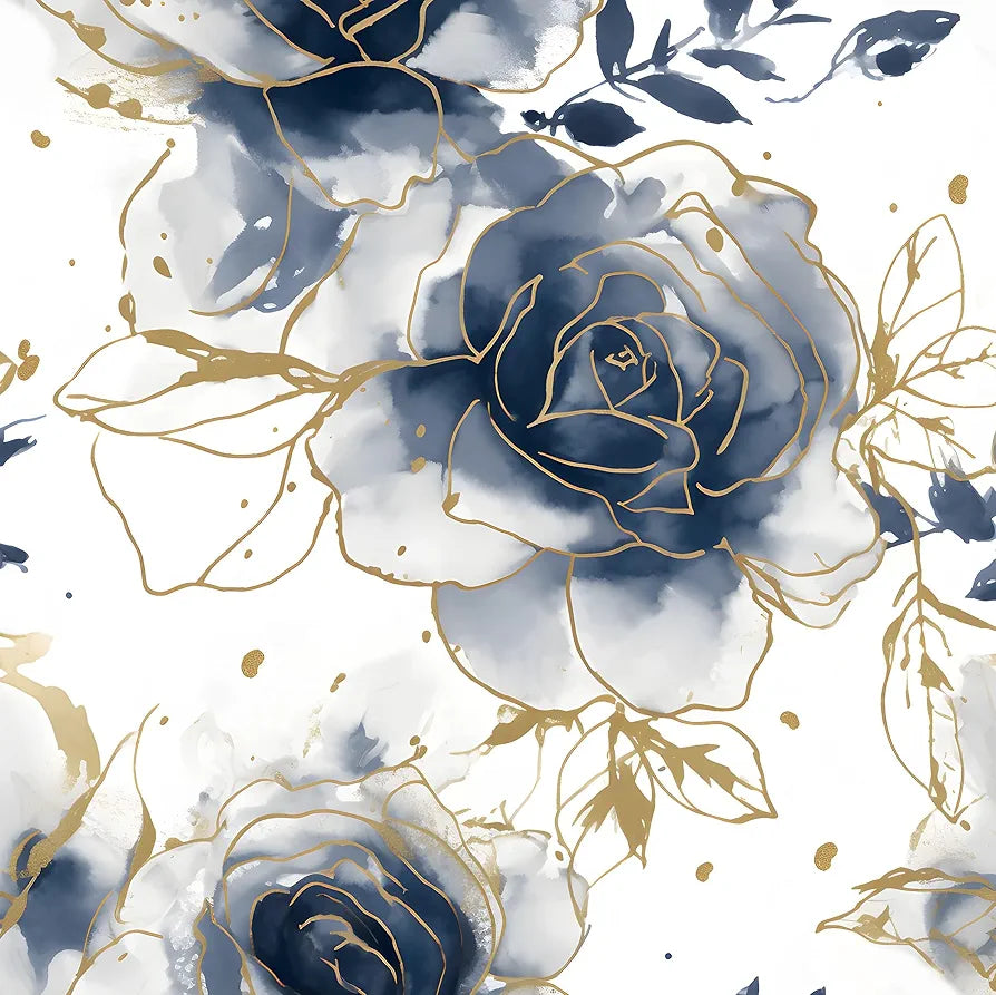 White Floral Wallpaper Peel and Stick Watercolor Blue/Golden Flower Contact Paper Modern Wall Paper Waterproof Self-Adhesive Wall Covering for Bedroom Countertop Desk Cabinets Decor 17.4" x 118"