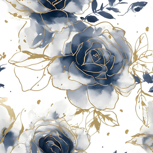 White Floral Wallpaper Peel and Stick Watercolor Blue/Golden Flower Contact Paper Modern Wall Paper Waterproof Self-Adhesive Wall Covering for Bedroom Countertop Desk Cabinets Decor 17.4" x 118"