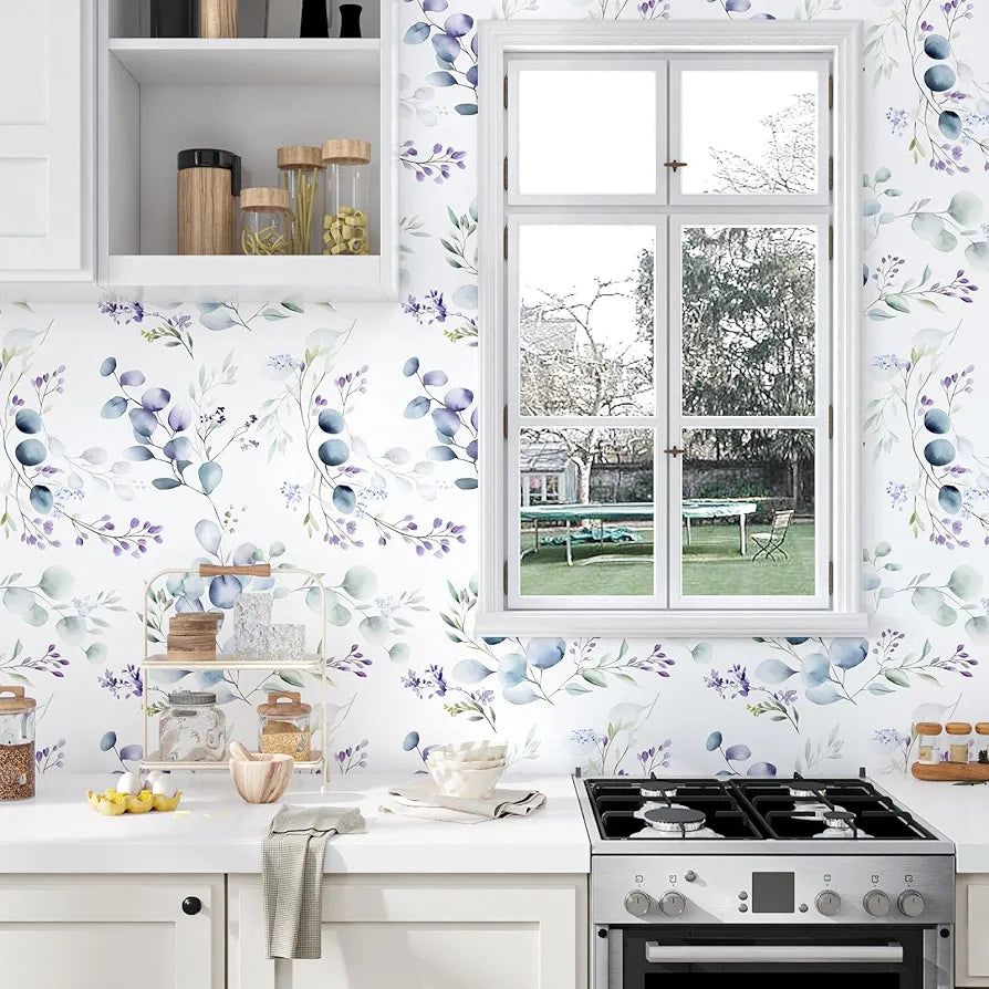Purple Leaf Wallpaper Peel and Stick Vintage Greenery Leaf Contact Paper White Floral Wallpaper Waterproof Self-Adhesive Wall Covering for Bedroom Countertop Desk Cabinets 17.4" x 118"