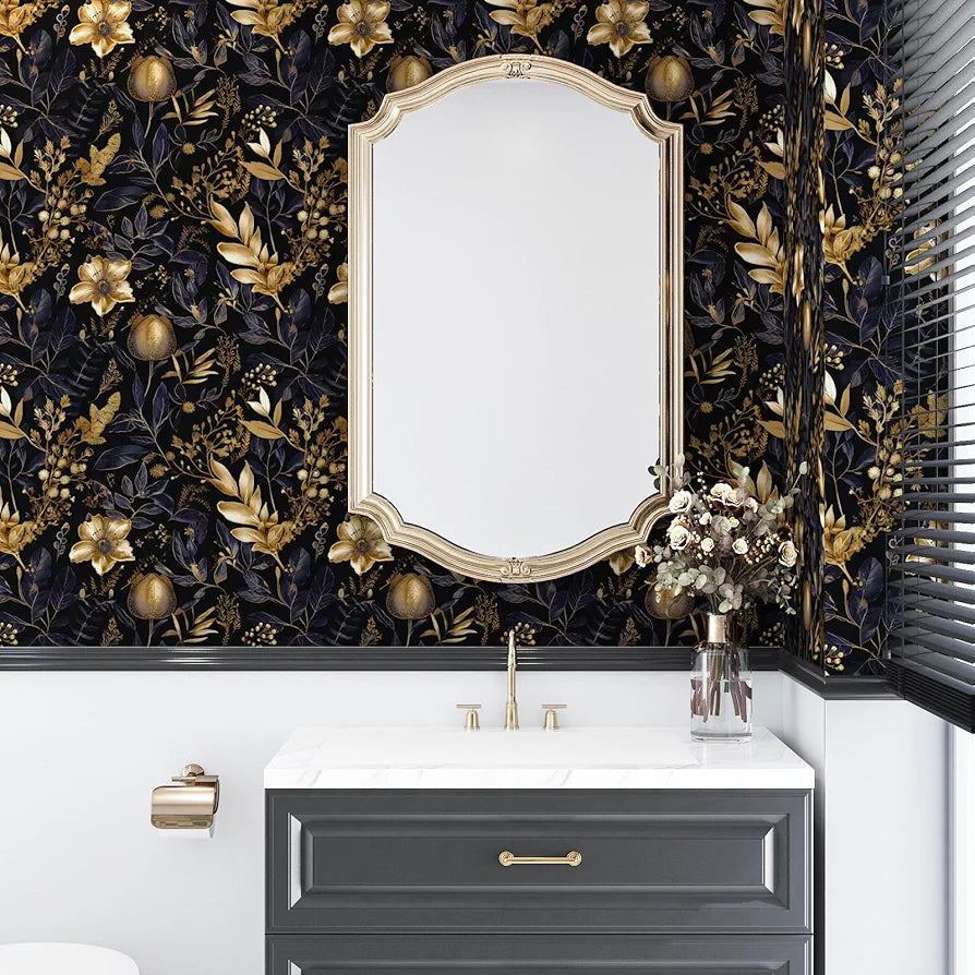 Gold Floral Wallpaper Peel and Stick Black Floral Contact Paper Purple Gold Leaf Boho Wallpaper Waterproof Self-Adhesive Wall Covering for Bedroom Countertop Desk Cabinets Decor 17.4" x 118"