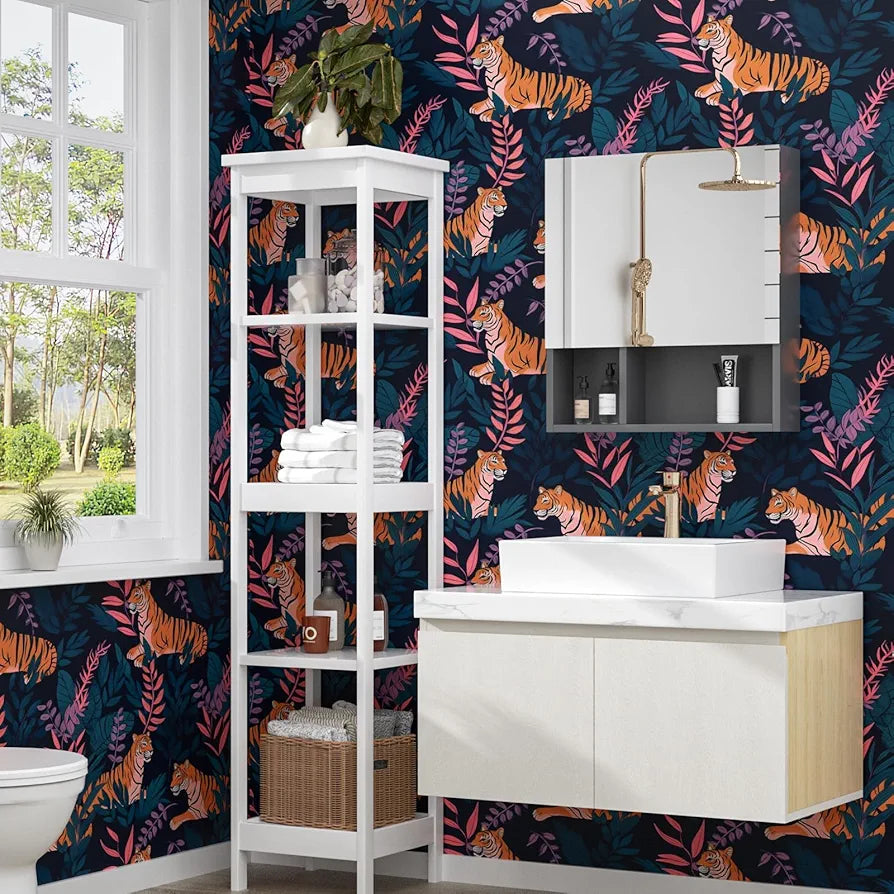 Tiger Wallpaper Peel and Stick Vintage Blue Tiger Floral Contact Paper Retro Flower Wall Wallpaper Waterproof Self-Adhesive Wall Covering for Bedroom Countertop Desk Cabinet 17.4" x 118"