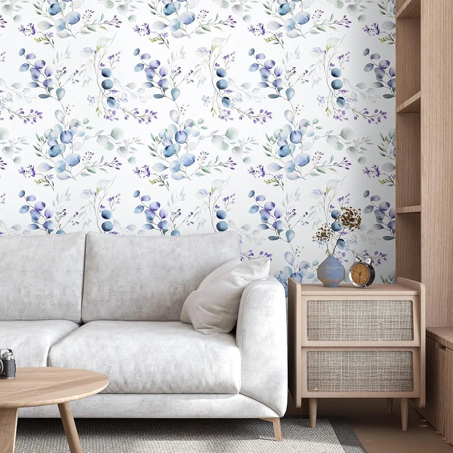 Purple Leaf Wallpaper Peel and Stick Vintage Greenery Leaf Contact Paper White Floral Wallpaper Waterproof Self-Adhesive Wall Covering for Bedroom Countertop Desk Cabinets 17.4" x 118"