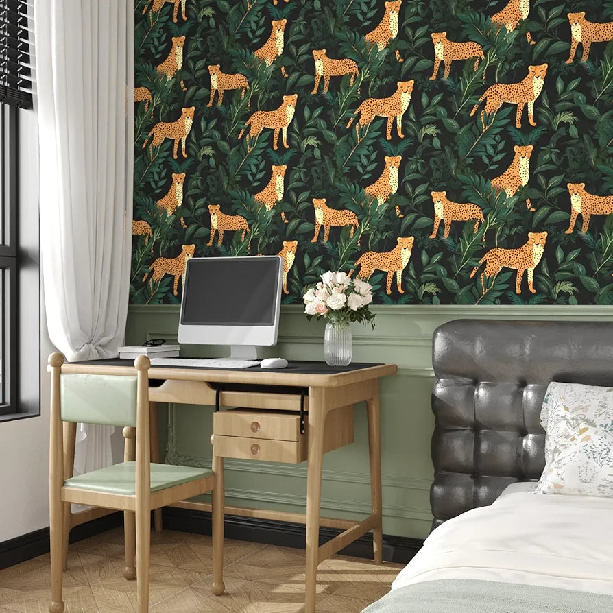 Leopard Wallpaper Peel and Stick Jungle Forest Animals Contact Paper,Waterproof Self-Adhesive Black/Yellow/Green Tropical Wall Paper for Bedroom Countertop Desk Cabinets Drawer Decor 17.4" x 118"