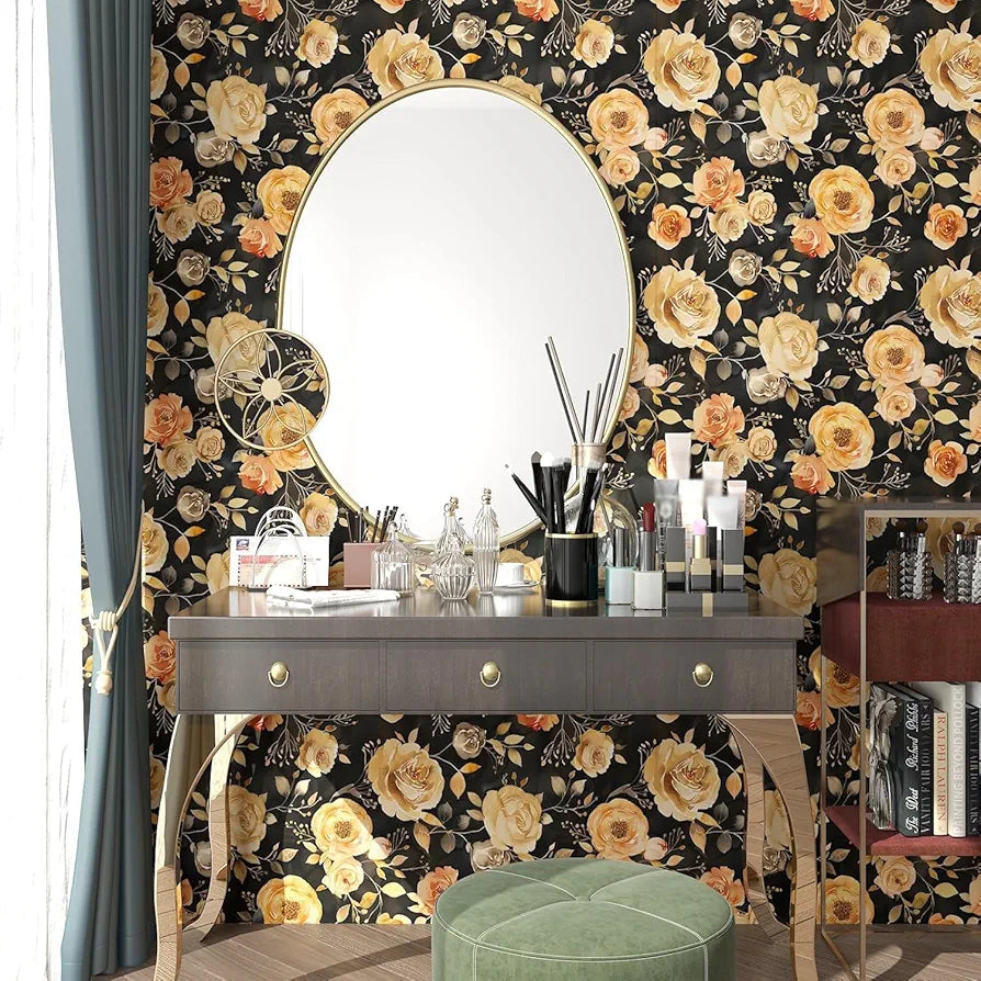 Flower Wallpaper Yellow/Orange Floral Peel and Stick Wallpaper Cream Contact Paper Waterproof Self Adhesive Covering for Bedroom Cabinet Bathroom Home Decor 17.4" x 118"