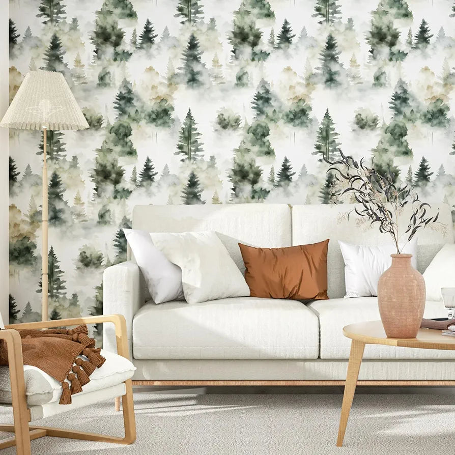Foggy Forest Wallpaper Peel and Stick Misty Woodland Green/Yellow Trees Contact Paper Waterproof Self-Adhesive Wall Paper for Bedroom Countertop Desk Cabinets Decor 17.4" x 118" Renter Friendly