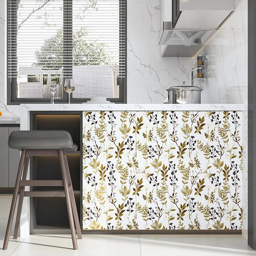 White Floral Wallpaper Peel and Stick Gold Leaf Contact Paper Leaf Wallpaper Waterproof Self-Adhesive Wall Covering for Bedroom Countertop Desk Cabinets Decor 17.4" x 118"