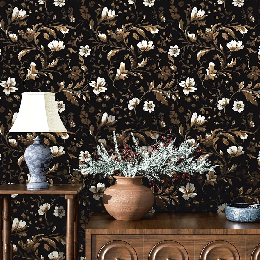 Vintage Wallpaper Peel and Stick Black Floral Wallpaper Black White Wall Paper Gold Leaf Contact Paper Waterproof Self-Adhesive Wall Covering for Bathroom Countertop Desk Cabinet 17.4" x 118"