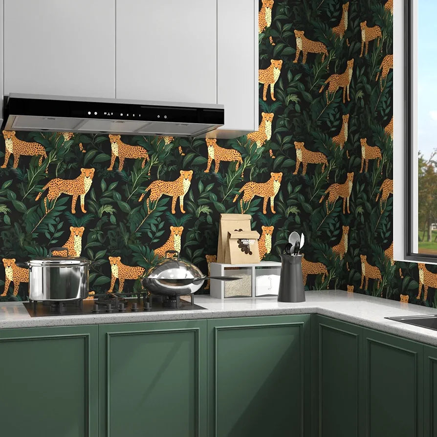 Leopard Wallpaper Peel and Stick Jungle Forest Animals Contact Paper,Waterproof Self-Adhesive Black/Yellow/Green Tropical Wall Paper for Bedroom Countertop Desk Cabinets Drawer Decor 17.4" x 118"