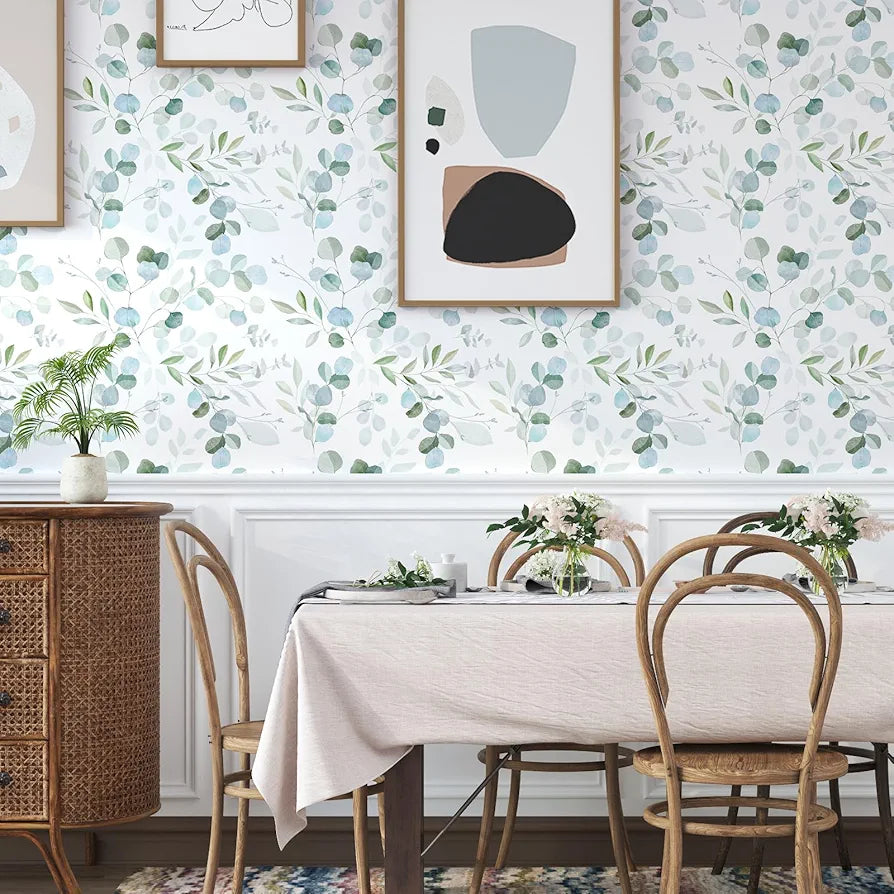 Green Leaf Wallpaper Peel and Stick Vintage Leaf Contact Paper White Greenery Floral Wallpaper Waterproof Self-Adhesive Wall Covering for Bedroom Countertop Desk Cabinets 17.4" x 118"