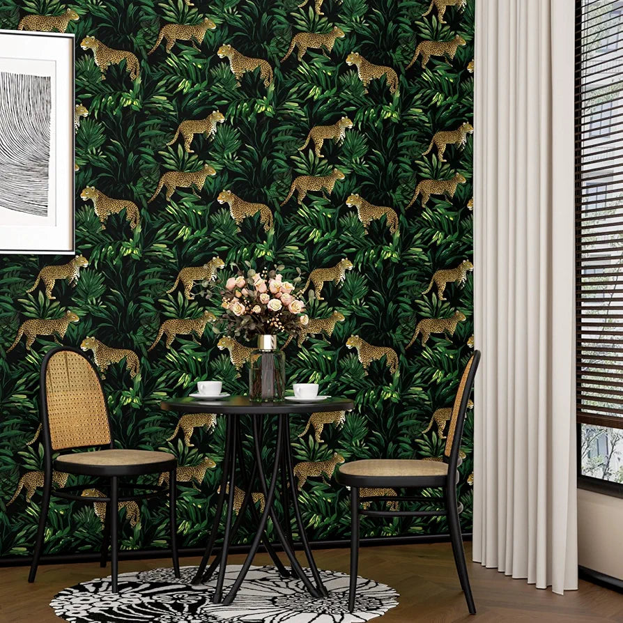 Leopard Wallpaper Peel and Stick Dark Green/Brown Jungle Forest Animals Contact Paper,Tropical Wall Paper Waterproof Self-Adhesive for Bedroom Countertop Desk Cabinets Drawer Decor 17.4" x 118"