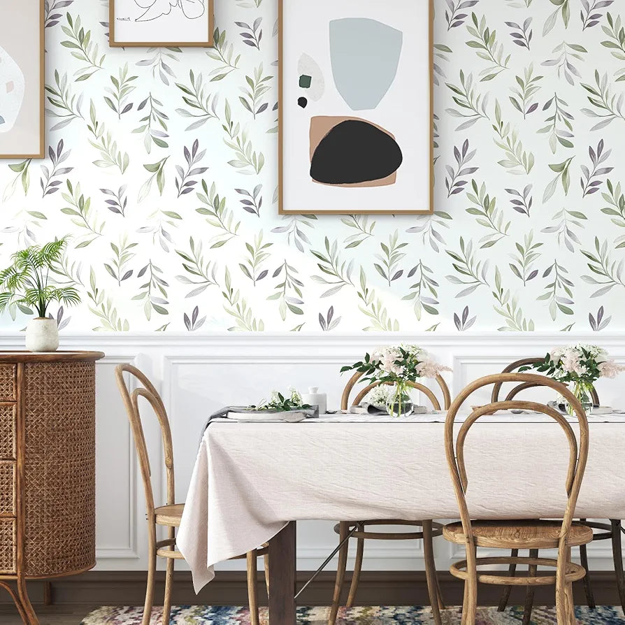 Green Leaf Wallpaper Peel and Stick Vintage Greenery Leaf Contact Paper White Floral Wallpaper Waterproof Self-Adhesive Wall Covering for Bedroom Countertop Desk Cabinets 17.4" x 118"