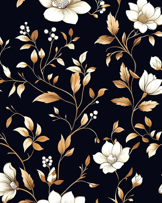 Dark Blue Gold Wallpaper Peel and Stick White Floral Contact Paper Waterproof Self-Adhesive Vintage Golden Flower Wall Paper for Bedroom Countertop Desk Cabinets Decor 17.4" x 118" Renter Friendly