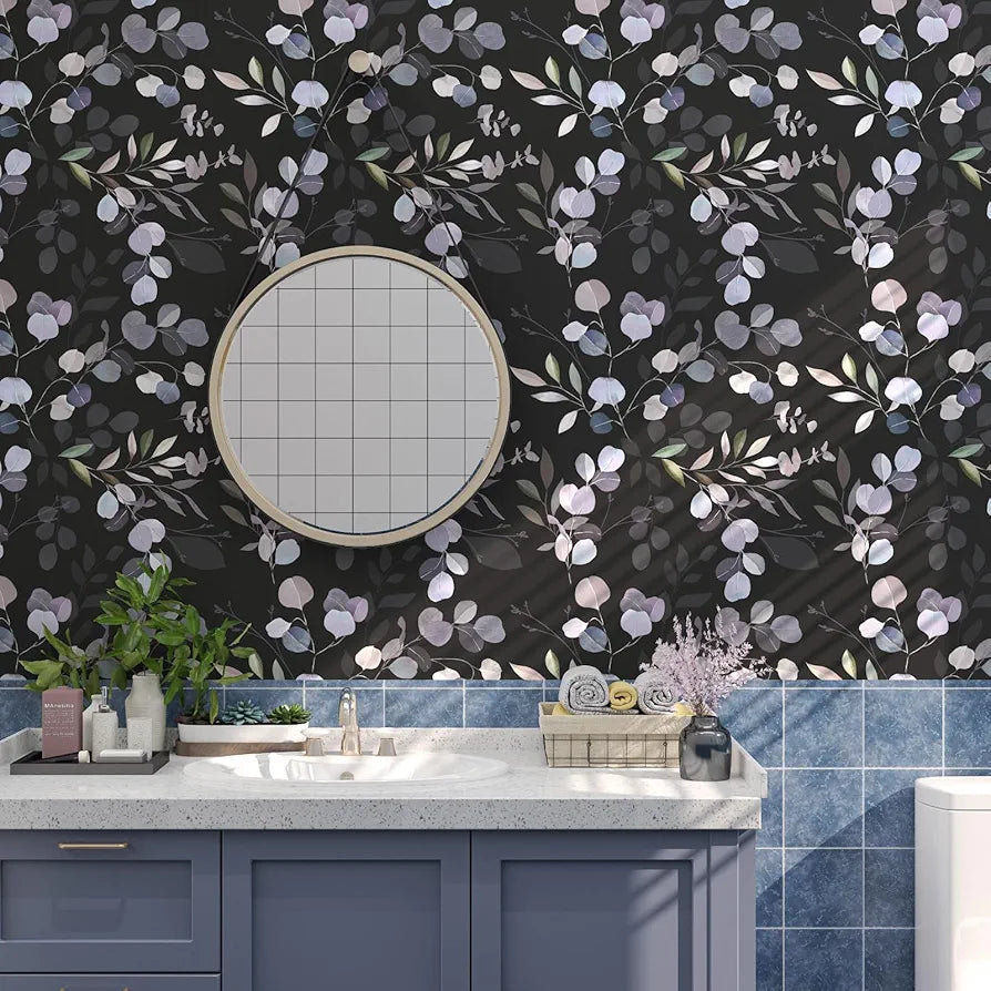 Purple Leaf Wallpaper Peel and Stick Dark Leaf Contact Paper Black Background Floral Wallpaper Waterproof Self-Adhesive Wall Covering for Bedroom Countertop Desk Cabinets 17.4" x 118"
