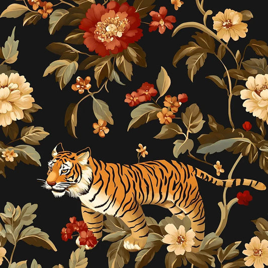 Tiger Wallpaper Peel and Stick Brown Floral Wall Paper Flower Tiger Wallpaper Dark Jungle Contact Paper Vintage Removable Self-Adhesive Wall Covering 118” x 17.4” for Desk Cabinet Renter Decor
