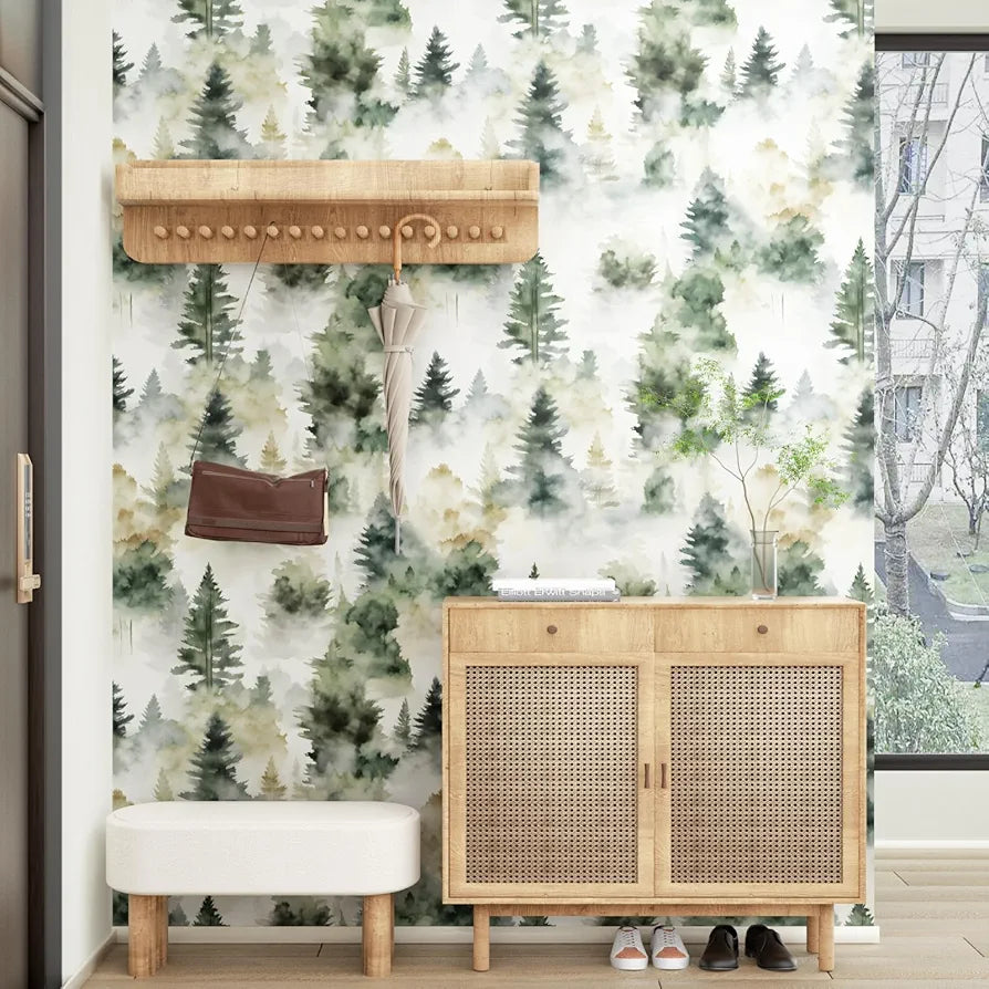 Foggy Forest Wallpaper Peel and Stick Misty Woodland Green/Yellow Trees Contact Paper Waterproof Self-Adhesive Wall Paper for Bedroom Countertop Desk Cabinets Decor 17.4" x 118" Renter Friendly