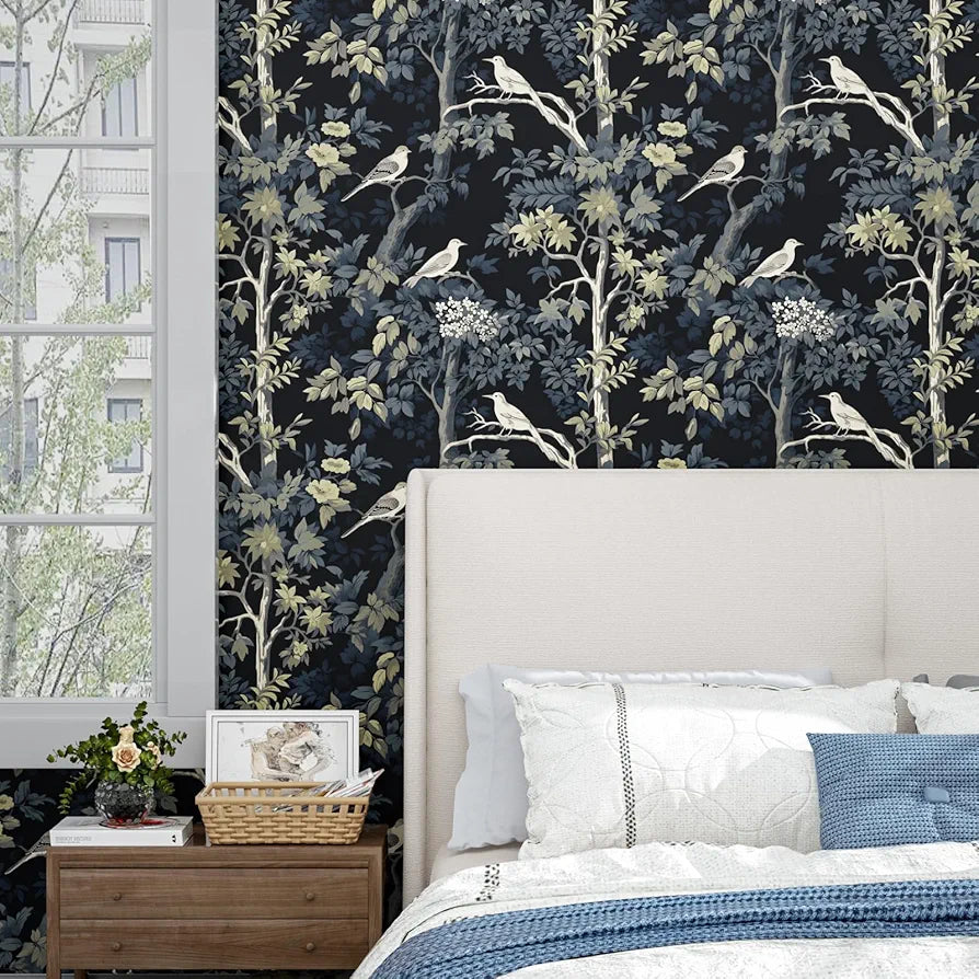 Dark Blue Bird Wallpaper Peel and Stick, Yellow Trees Forest Contact Paper, Waterproof Self-Adhesive Woodland Wall Paper for Bedroom Countertop Desk Cabinets Decor 17.4" x 118" Renter Friendly
