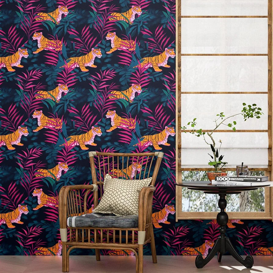 Tiger Wallpaper Peel and Stick,Jungle Forest Animals Contact Paper Pink/Orange/Blue Waterproof Self-Adhesive Tropical Wall Paper for Bedroom Countertop Desk Cabinets Drawer Decor 17.4" x 118"
