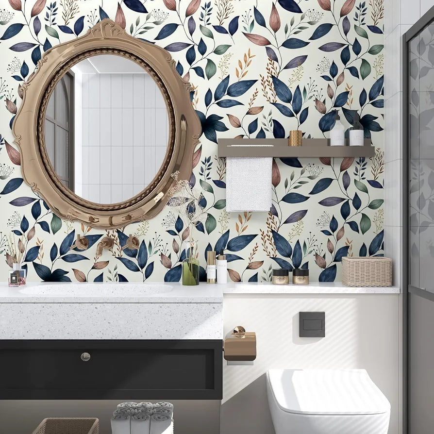 Navy Leaf Peel and Stick Wallpaper Floral Wallpaper 17.4" x 118" Dark Blue Leaf Contact Paper Navy Vinyl Wrap Easily Peel Off Self-Adhesive Wall Paper for Bedroom Kitchen Cabinet Bathroom