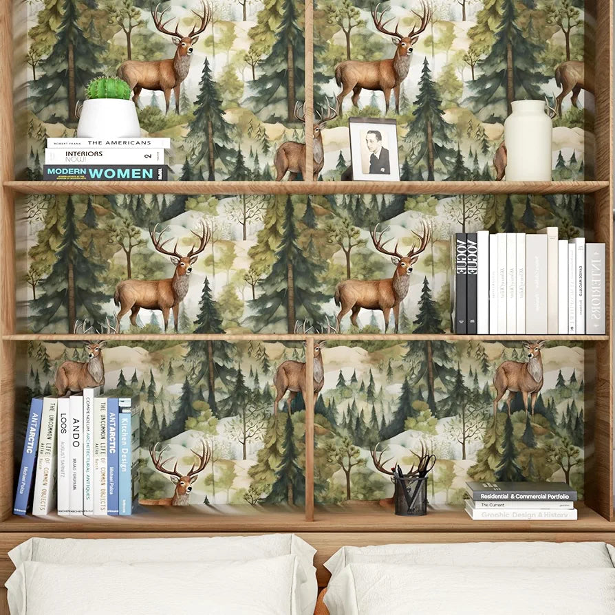 Green Forest Wallpaper Peel and Stick, Brown Deer Elk Contact Paper, Waterproof Self-Adhesive Animals Wall Paper for Bedroom Countertop Desk Cabinets Decor 17.4" x 118" Renter Friendly
