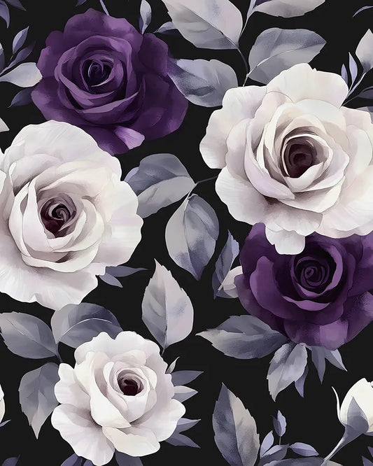 Black Foral Wallpaper Peel and Stick Dark Purple and White Rose Contact Paper, Vintage Self-Adhesive Removable Flower Wall Paper for Bedroom Countertop Desk Cabinets Decor 17.4" x 118" Renter Friendly