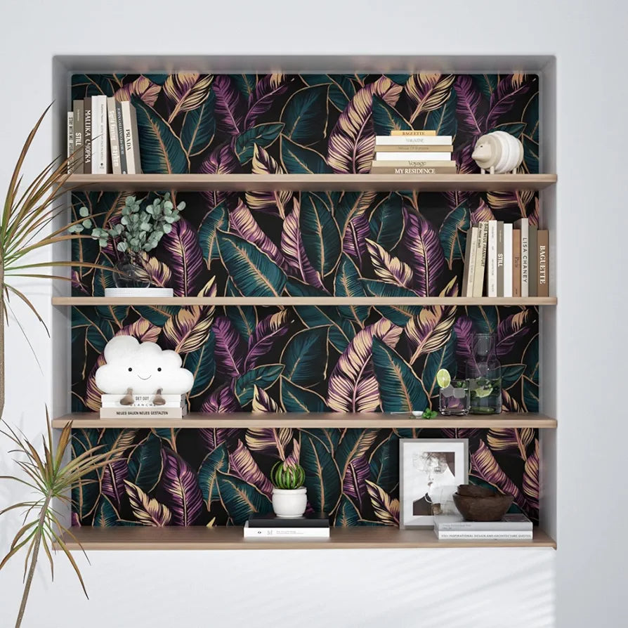 Tropical Leaf Wallpaper Peel and Stick, Dark Blue/Purple Palm Leaves Contact Paper ,Waterproof Self-Adhesive Jungle Leafy Wall Paper for Bedroom Countertop Desk Cabinets 17.4" x 118" Renter Friendly