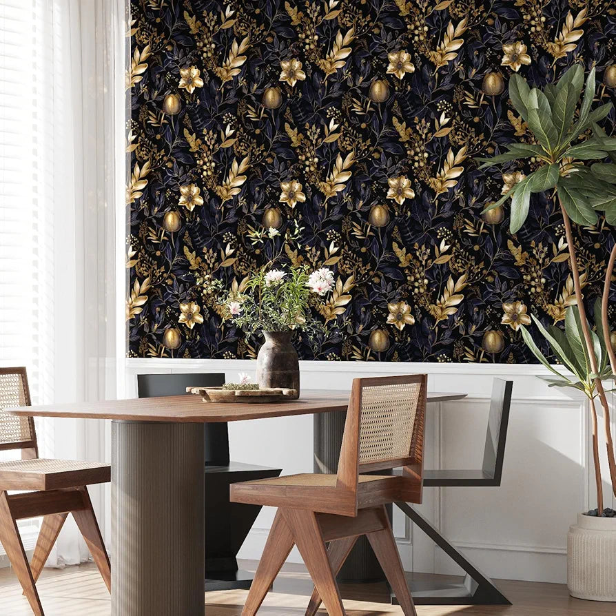 Gold Floral Wallpaper Peel and Stick Black Floral Contact Paper Purple Gold Leaf Boho Wallpaper Waterproof Self-Adhesive Wall Covering for Bedroom Countertop Desk Cabinets Decor 17.4" x 118"