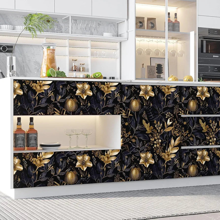Gold Floral Wallpaper Peel and Stick Black Floral Contact Paper Purple Gold Leaf Boho Wallpaper Waterproof Self-Adhesive Wall Covering for Bedroom Countertop Desk Cabinets Decor 17.4" x 118"