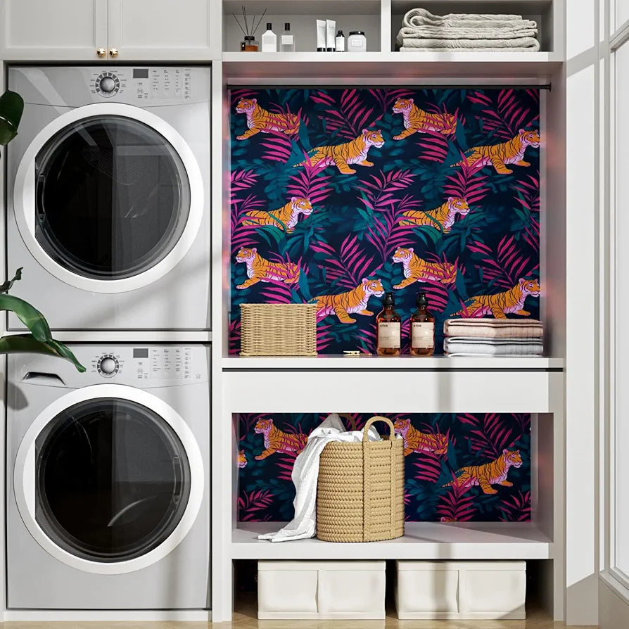 Tiger Wallpaper Peel and Stick,Jungle Forest Animals Contact Paper Pink/Orange/Blue Waterproof Self-Adhesive Tropical Wall Paper for Bedroom Countertop Desk Cabinets Drawer Decor 17.4" x 118"