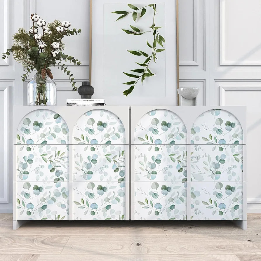Green Leaf Wallpaper Peel and Stick Vintage Leaf Contact Paper White Greenery Floral Wallpaper Waterproof Self-Adhesive Wall Covering for Bedroom Countertop Desk Cabinets 17.4" x 118"