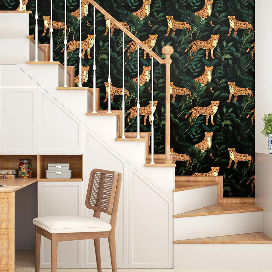 Leopard Wallpaper Peel and Stick Jungle Forest Animals Contact Paper,Waterproof Self-Adhesive Black/Yellow/Green Tropical Wall Paper for Bedroom Countertop Desk Cabinets Drawer Decor 17.4" x 118"