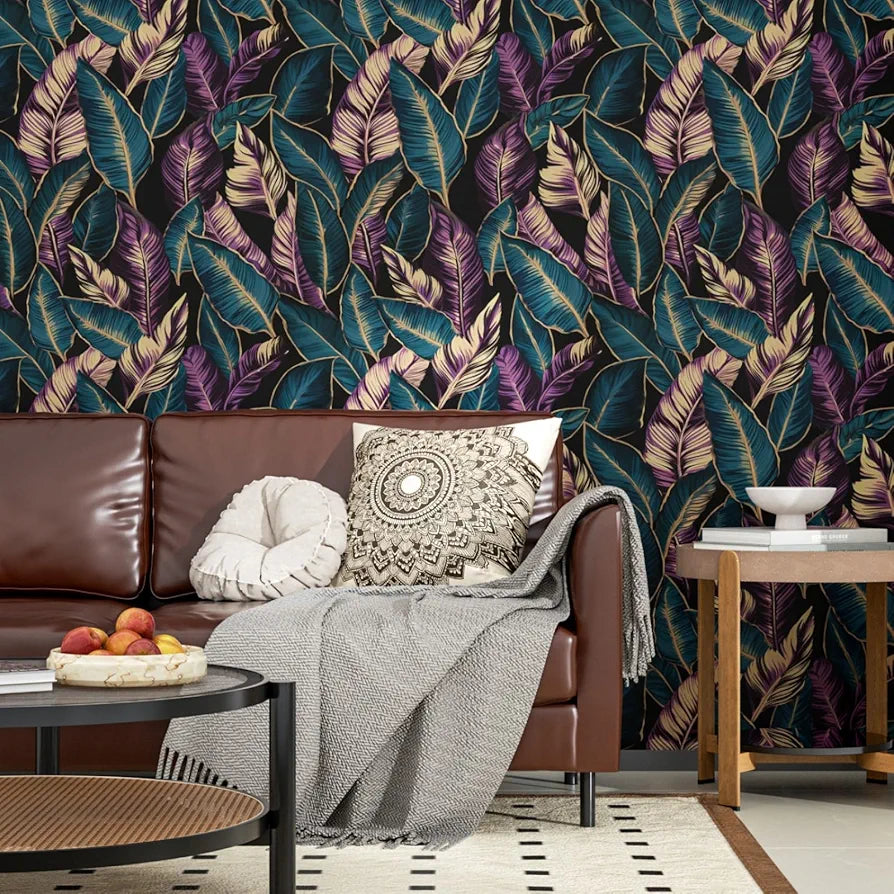 Tropical Leaf Wallpaper Peel and Stick, Dark Blue/Purple Palm Leaves Contact Paper ,Waterproof Self-Adhesive Jungle Leafy Wall Paper for Bedroom Countertop Desk Cabinets 17.4" x 118" Renter Friendly