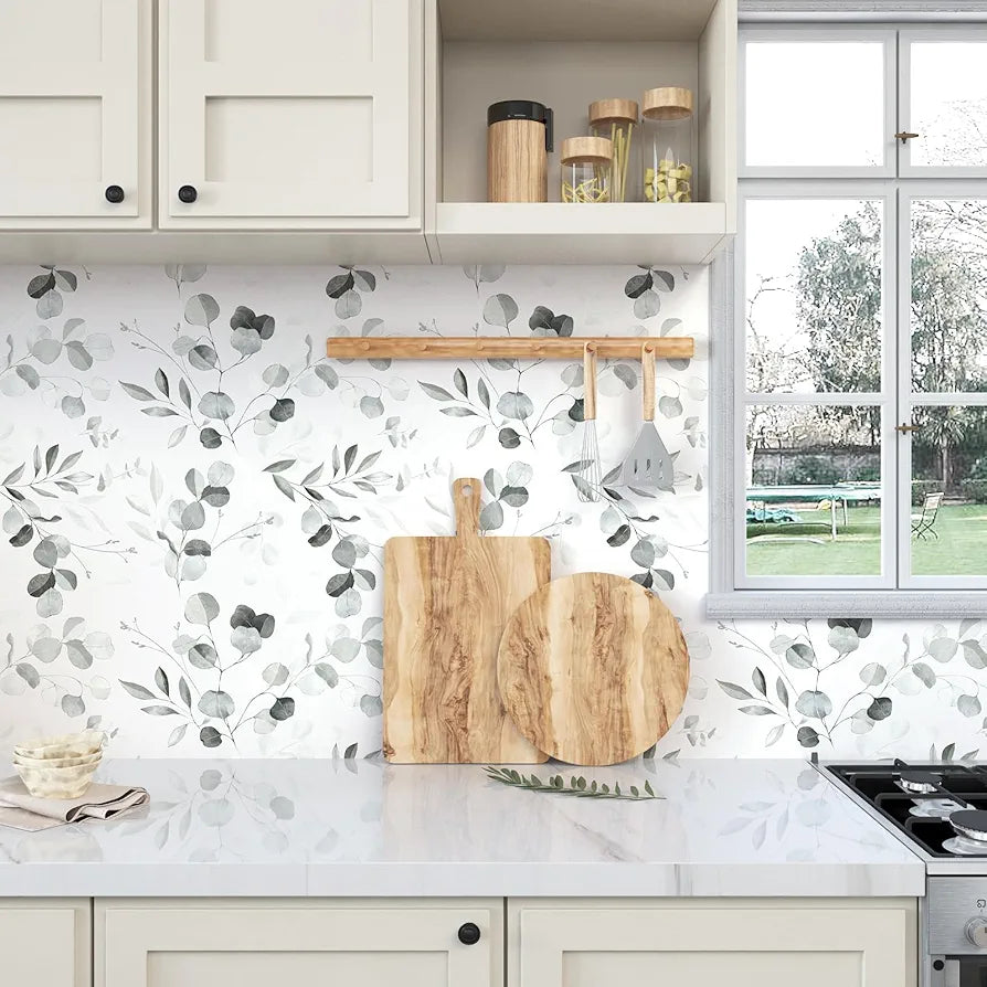 Gray Leaf Wallpaper Peel and Stick Vintage Leaf Contact Paper White Greenery Floral Wallpaper 17.4" x 118" Waterproof Self-Adhesive Wall Covering for Bedroom Countertop Desk Cabinets