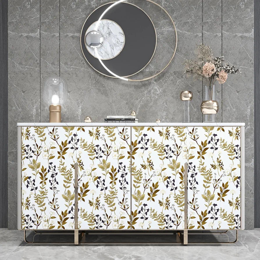 White Floral Wallpaper Peel and Stick Gold Leaf Contact Paper Leaf Wallpaper Waterproof Self-Adhesive Wall Covering for Bedroom Countertop Desk Cabinets Decor 17.4" x 118"