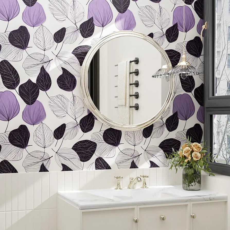 White Purple Leaf Wallpaper Peel and Stick Floral Contact Paper Leaves Wall Paper 17.4" x 118" Waterproof Self-Adhesive Wall Covering for Bedroom Countertop Desk Cabinets Decor Renter Friendly