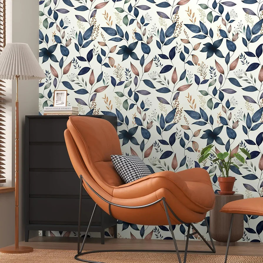 Navy Leaf Peel and Stick Wallpaper Floral Wallpaper 17.4" x 118" Dark Blue Leaf Contact Paper Navy Vinyl Wrap Easily Peel Off Self-Adhesive Wall Paper for Bedroom Kitchen Cabinet Bathroom