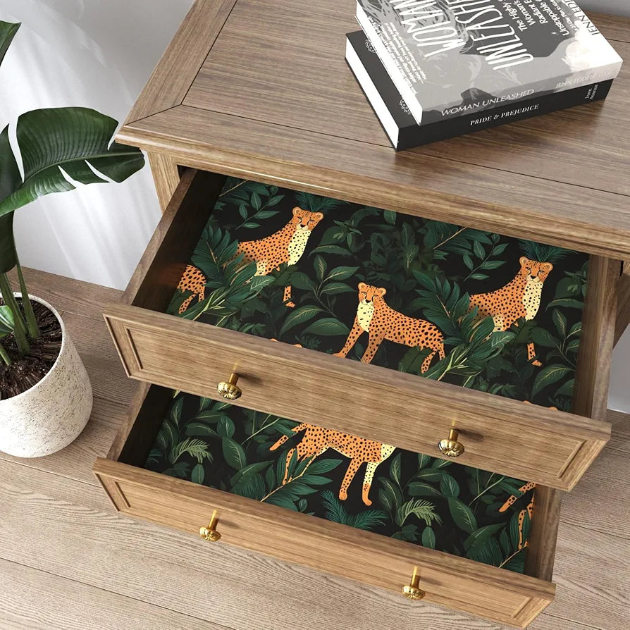 Leopard Wallpaper Peel and Stick Jungle Forest Animals Contact Paper,Waterproof Self-Adhesive Black/Yellow/Green Tropical Wall Paper for Bedroom Countertop Desk Cabinets Drawer Decor 17.4" x 118"